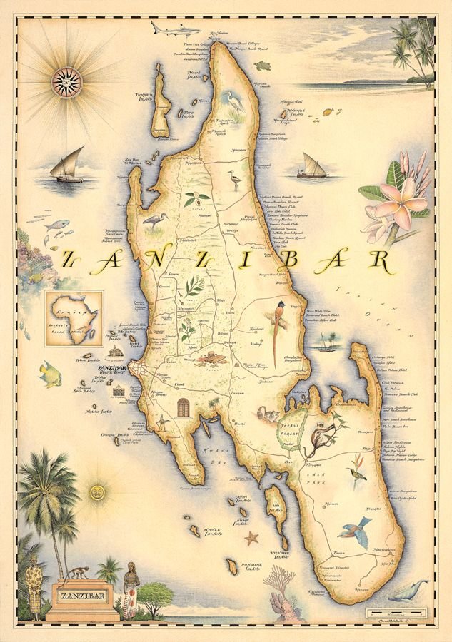 Artistic vintage map of Zanzibar