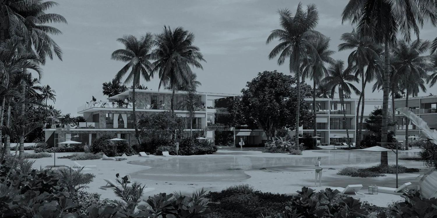 A serene tropical resort with palm trees, lush greenery, and a tranquil pool, featuring modern architecture in a monochromatic tone.