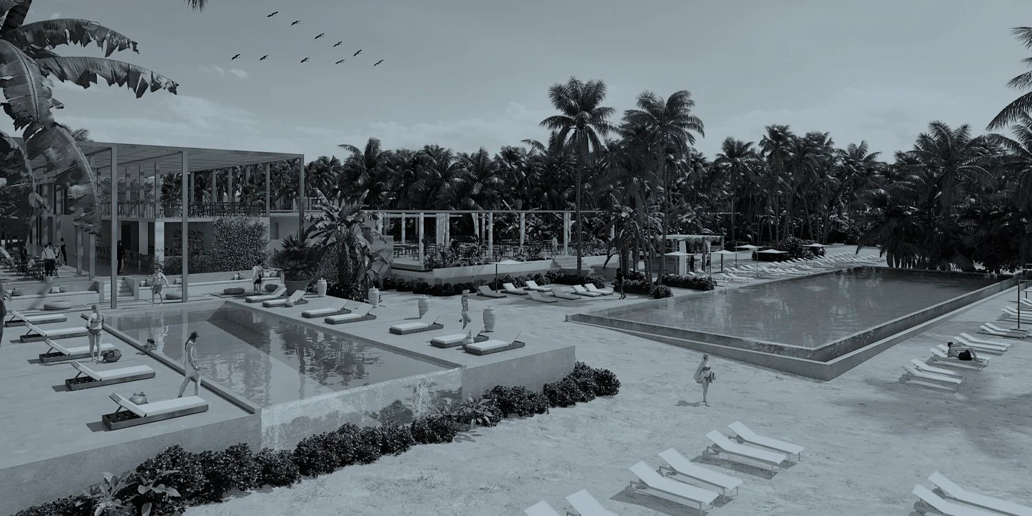 A modern resort pool area featuring two pools, lounge chairs, palm trees, and a dining structure surrounded by lush greenery.